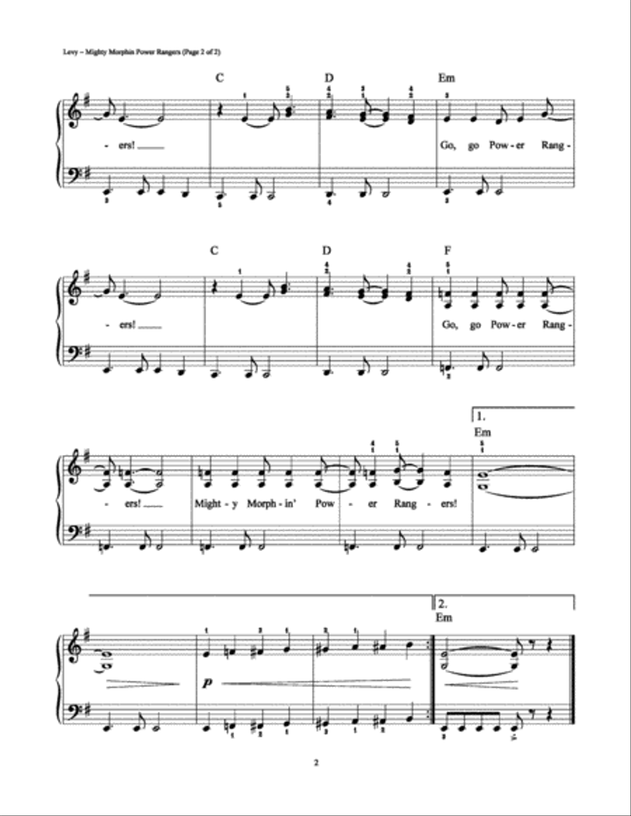 Mighty Morphin Power Rangers Easy Piano scores gallery preview page 2