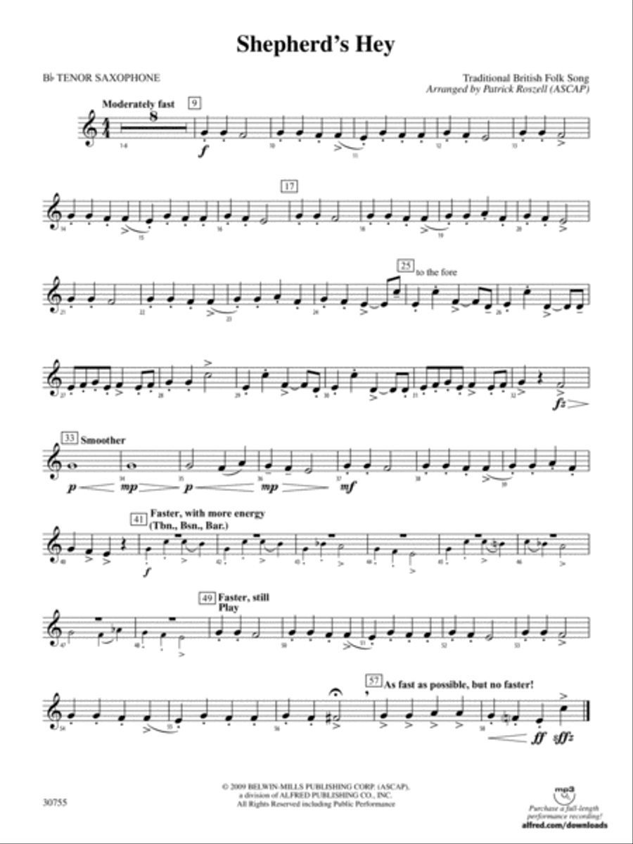 Shepherd's Hey: B-flat Tenor Saxophone Concert Band scores gallery preview page 1