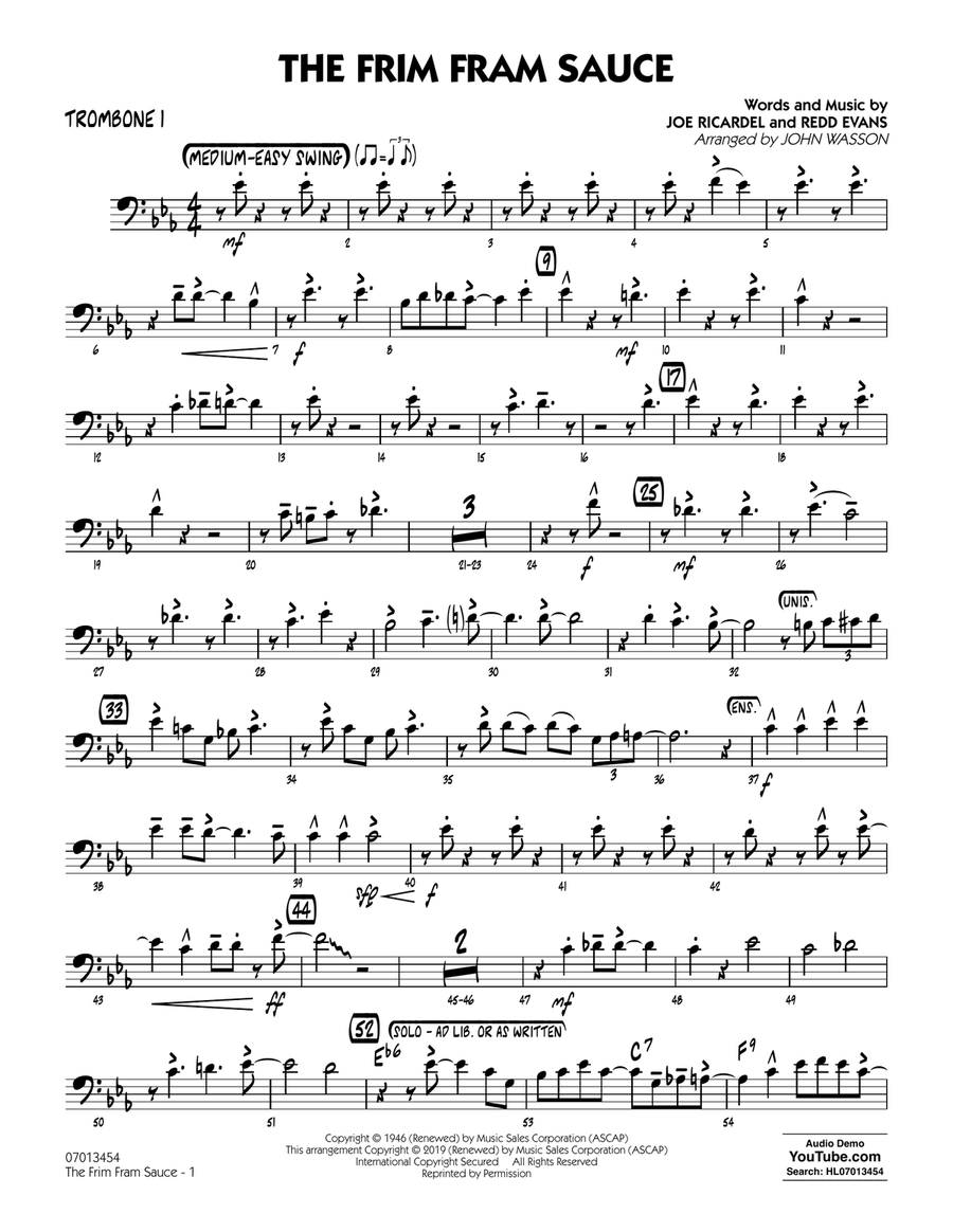 The Frim Fram Sauce (arr. John Wasson) - Trombone 1 Jazz Ensemble scores gallery preview page 1