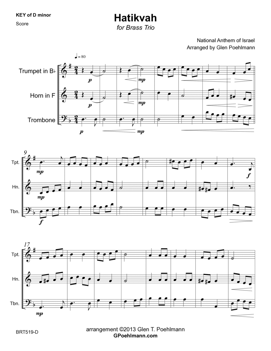 HATIKVAH (National Anthem of Israel) - BRASS TRIO (unaccompanied) Brass Trio scores gallery preview page 1