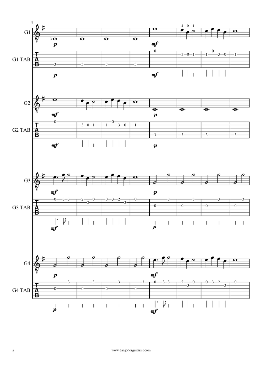Antonin Dvorak - Theme From 'The New World Symphony' for Easy Guitar Quartet Guitar Ensemble scores gallery preview page 2