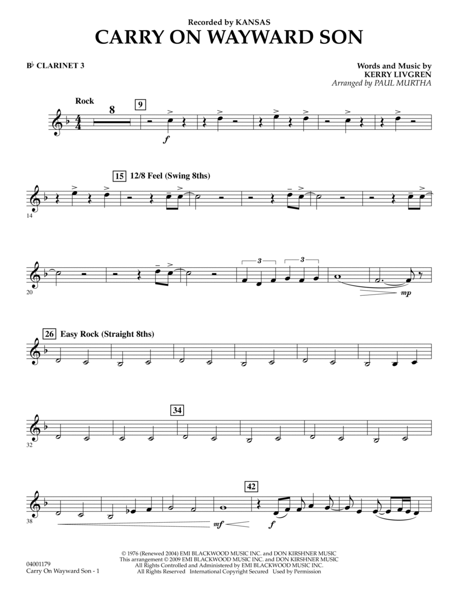 Carry On Wayward Son - Bb Clarinet 3 Concert Band scores gallery preview page 1