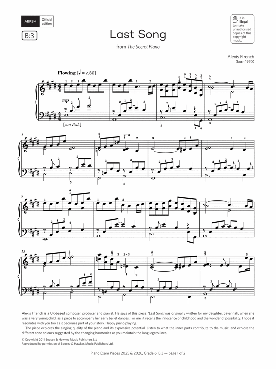 Last Song (Grade 6, list B3, from the ABRSM Piano Syllabus 2025 & 2026) Piano Method scores gallery preview page 1