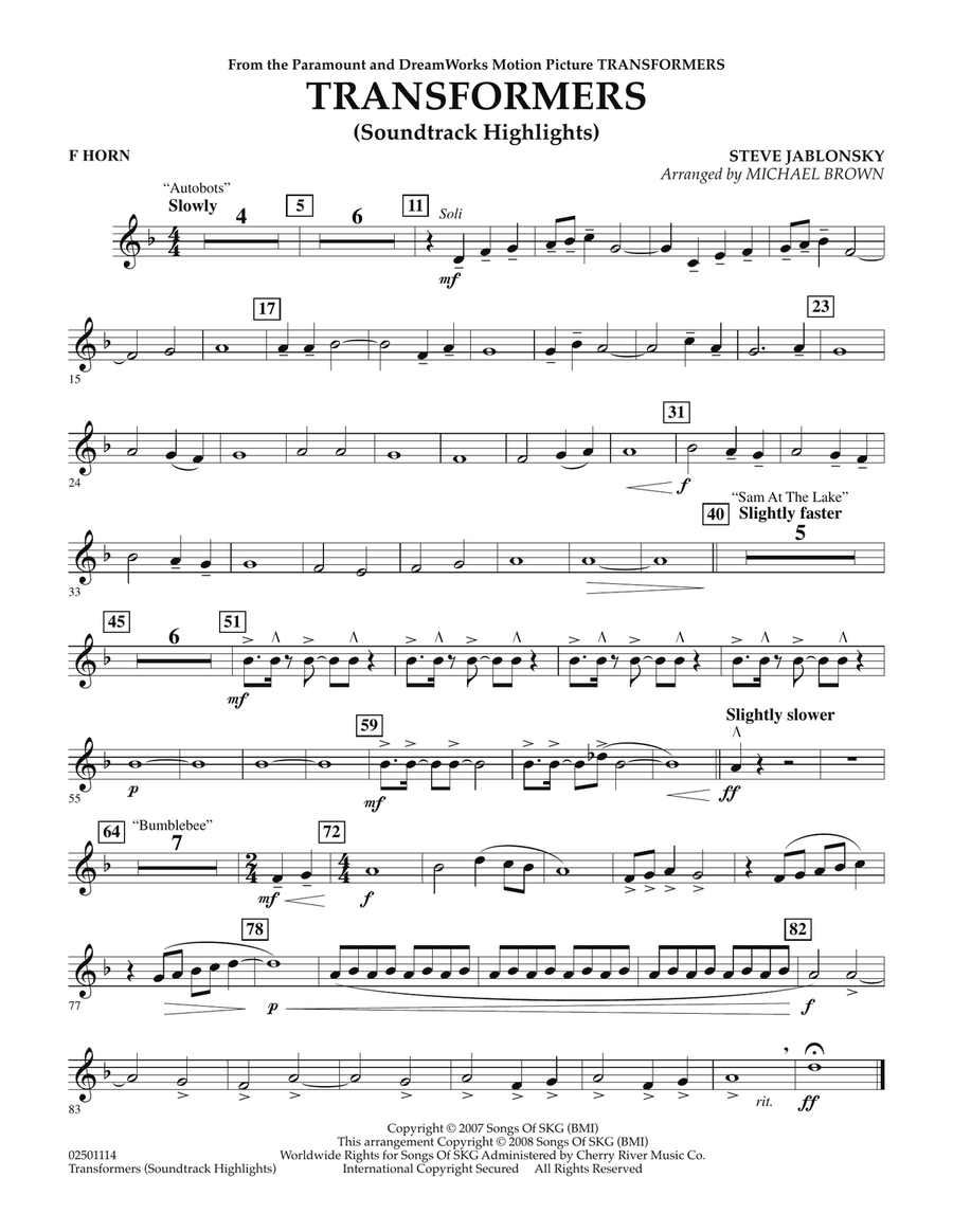 Transformers Soundtrack Highlights - F Horn Concert Band scores gallery preview page 1