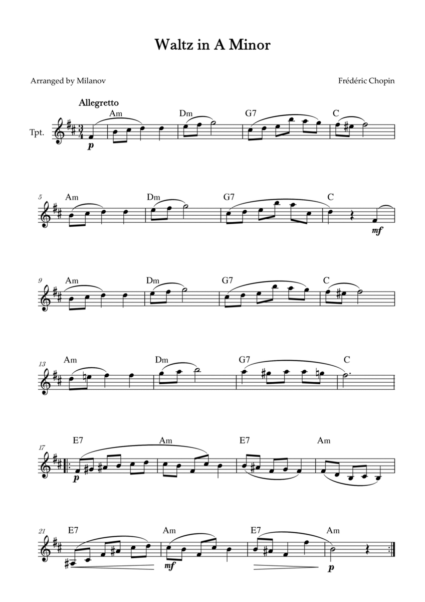 Waltz in A Minor | B. 150, Op. Posth. | Chopin | Trumpet | Chords image number null