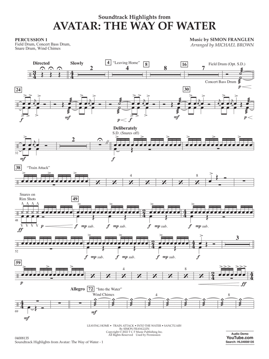 Soundtrack Highlights from Avatar: The Way of Water (arr. Brown) - Percussion 1 Concert Band scores gallery preview page 1