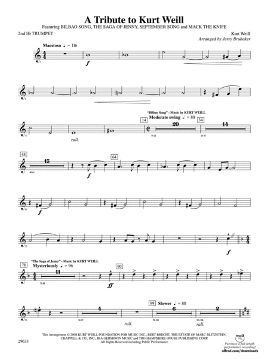 A Tribute to Kurt Weill: 2nd B-flat Trumpet Concert Band scores gallery preview page 1