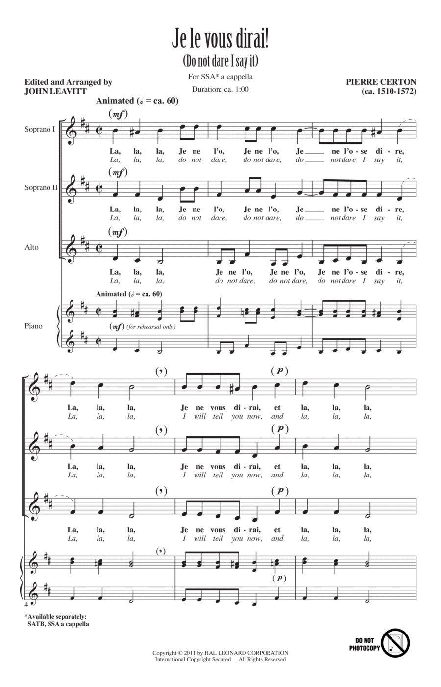 Je Le Vous Dirai by Pierre Certon SSA - Digital Sheet Music