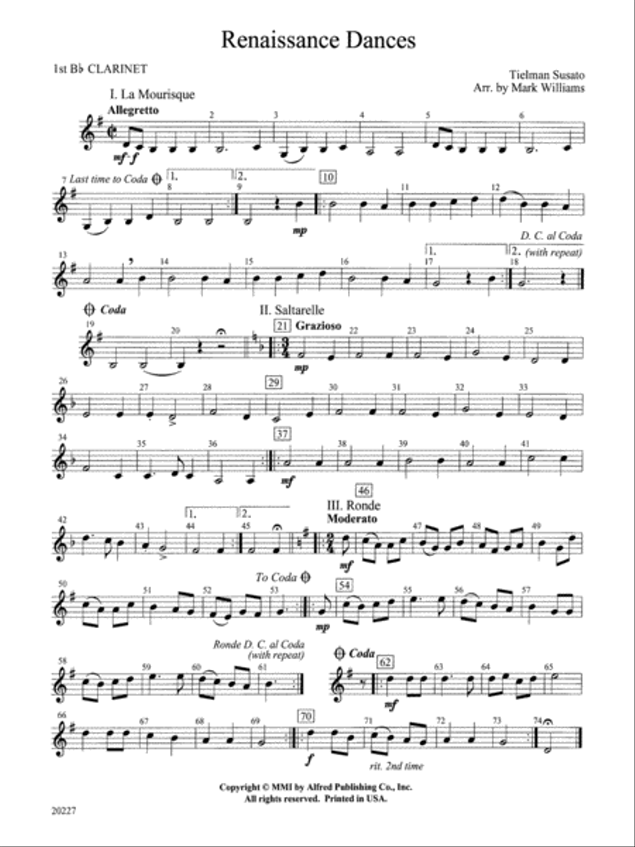 Renaissance Dances: 1st B-flat Clarinet Concert Band scores gallery preview page 1