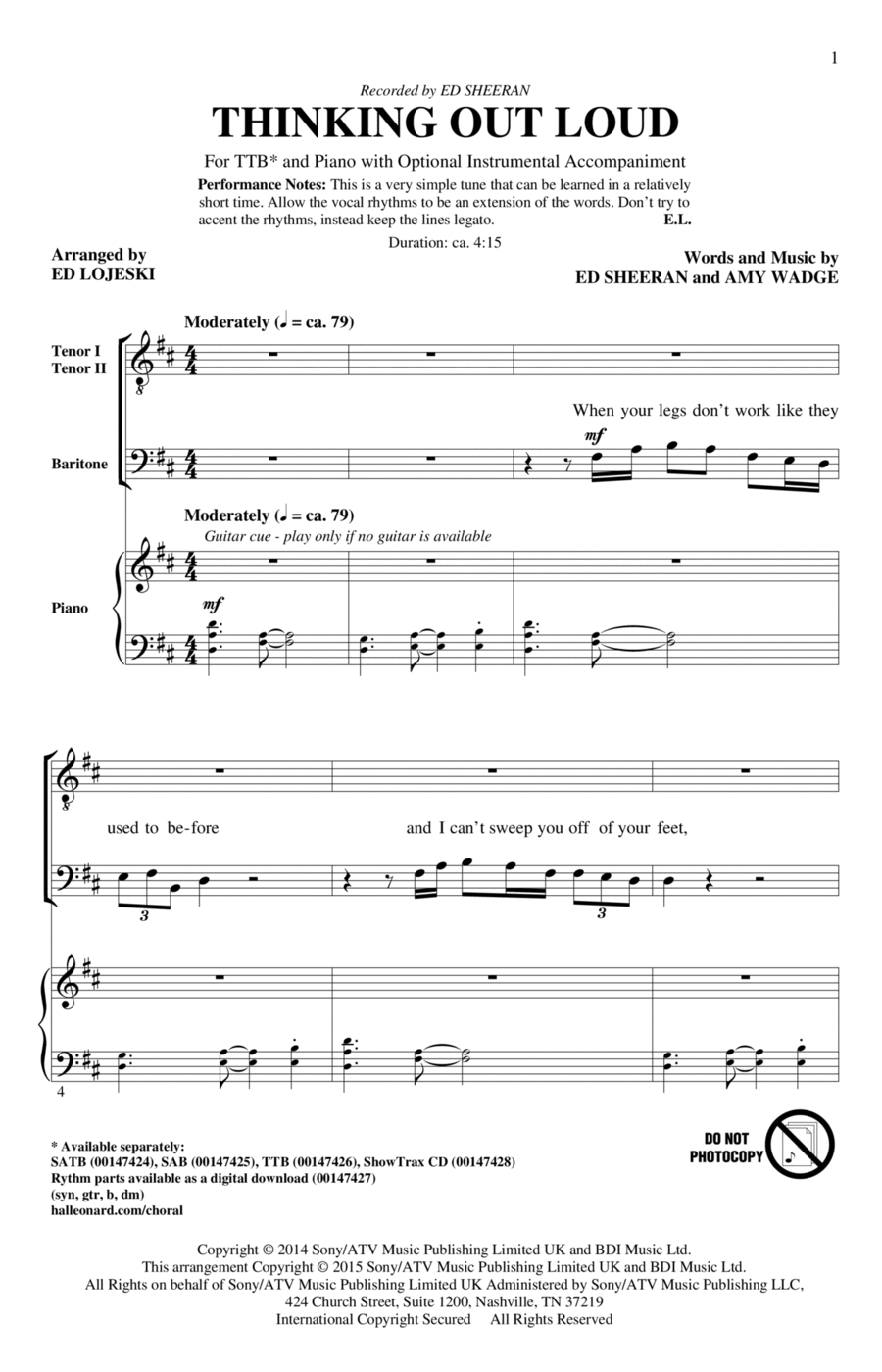 Thinking Out Loud (arr. Ed Lojeski) TTBB scores gallery preview page 1