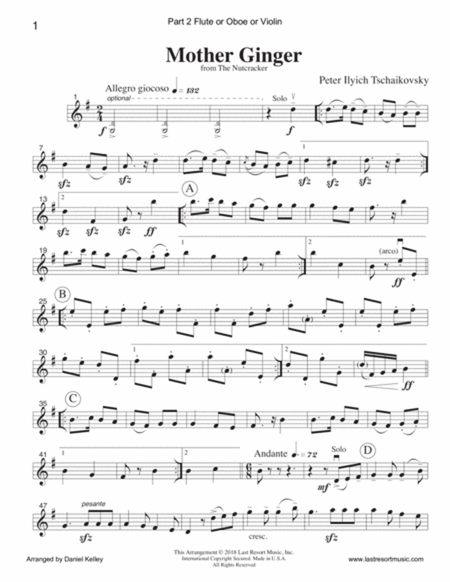 Mother Ginger from the Nutcracker for String Quartet or Piano Quintet with optional Violin 3 Part