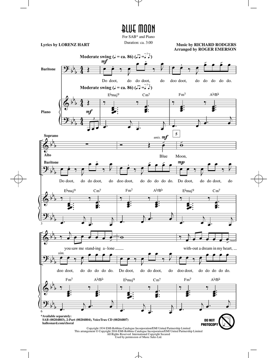 Blue Moon (arr. Roger Emerson) 3-Part scores gallery preview page 1