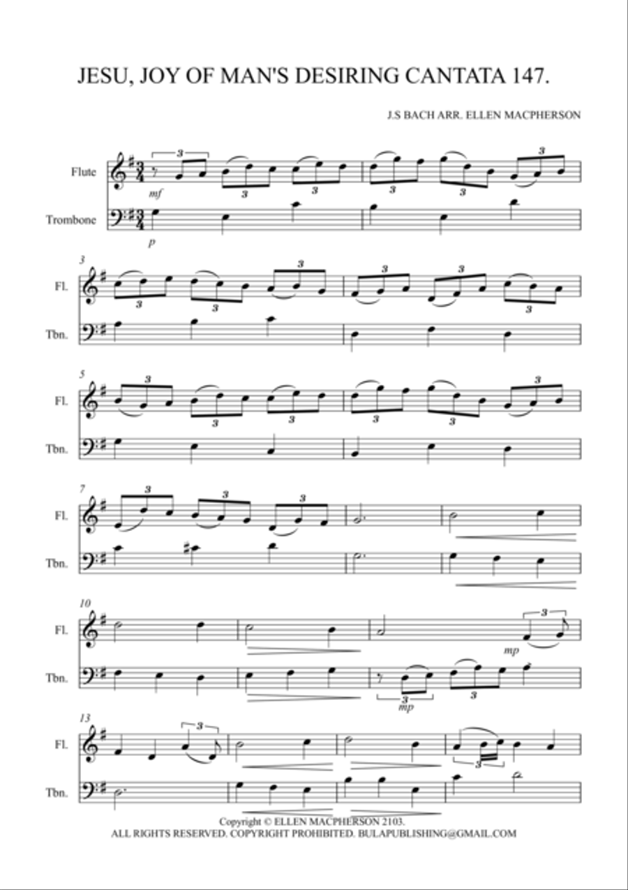 Jesu Joy of Man's Desiring from Cantata no.147 - FLUTE & TROMBONE DUET Flute scores gallery preview page 1