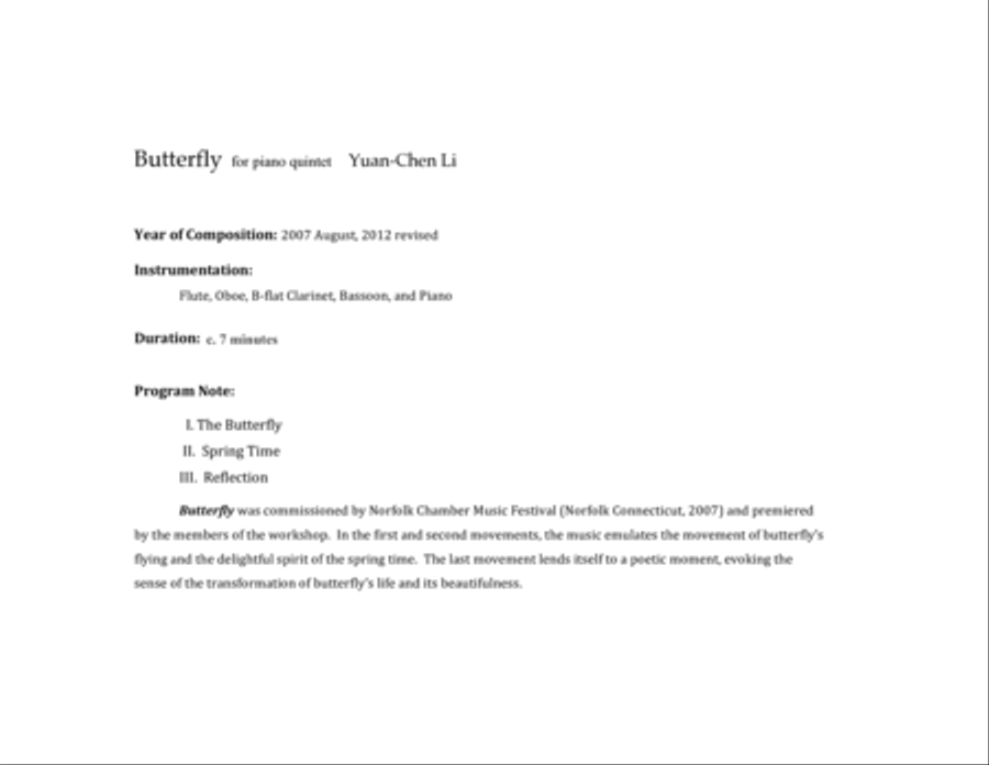Butterfly, for piano quintet Chamber Music scores gallery preview page 2