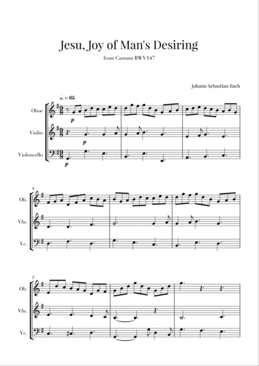 Bach - Jesu, Joy of Man's Desiring for Oboe, Violin and Cello Small Ensemble scores gallery preview page 1