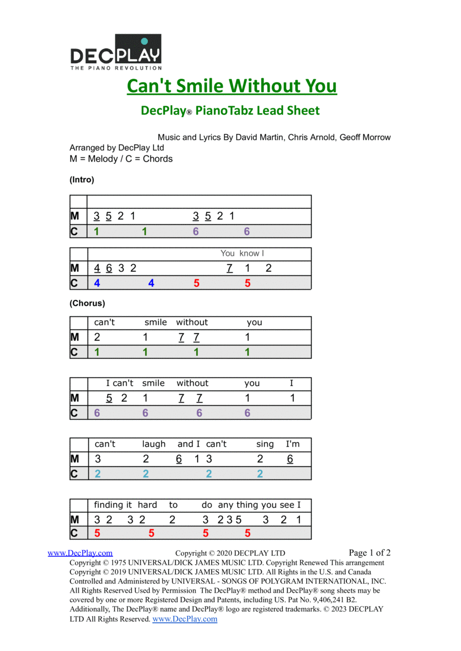 Can't Smile Without You Easy Piano scores gallery preview page 1