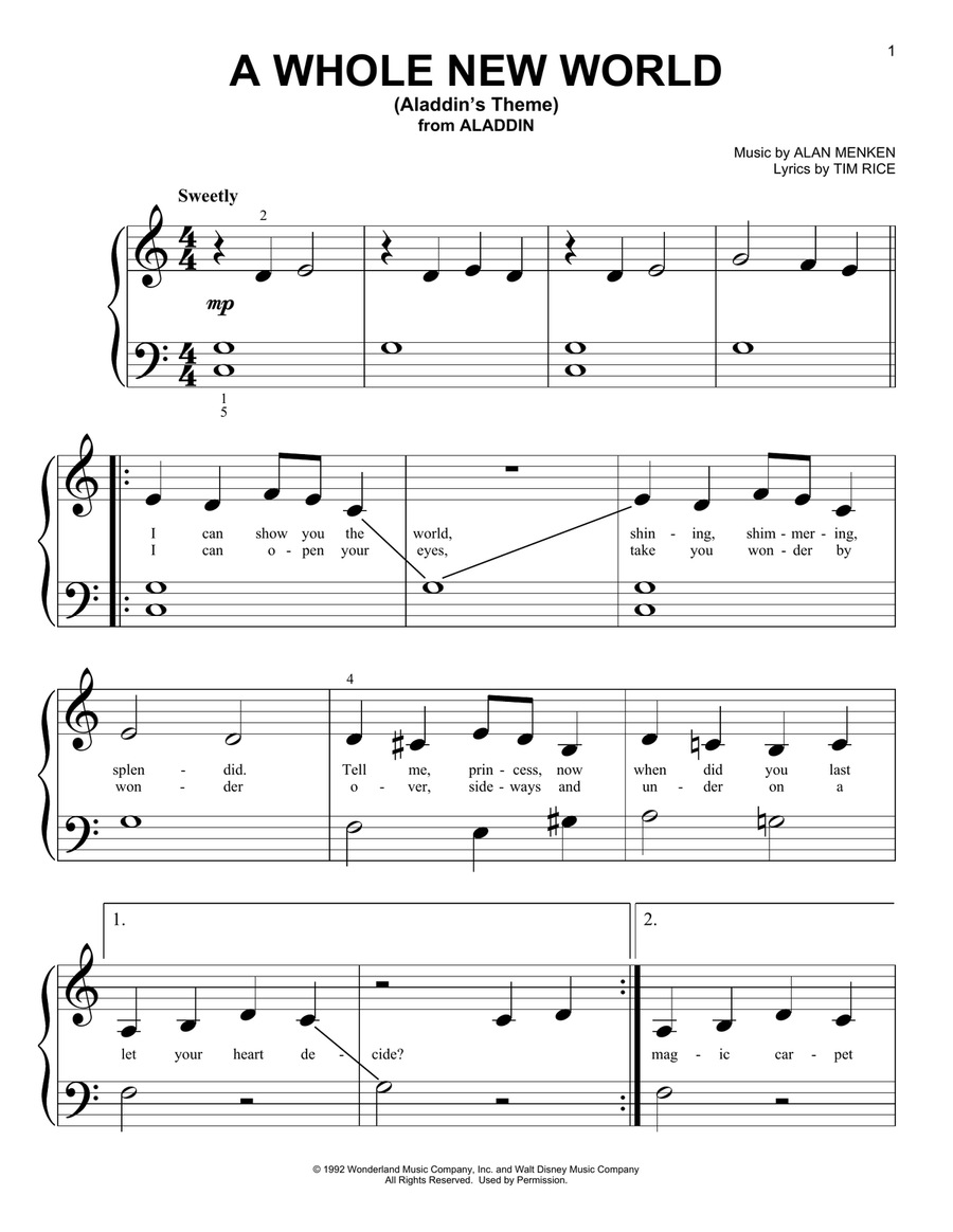 A Whole New World (from Aladdin) Easy Piano scores gallery preview page 1