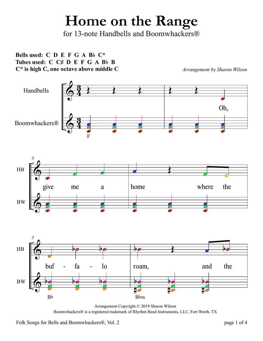 Home on the Range (for 13-note Bells and Boomwhackers with Color Coded Notes) Handbell Choir scores gallery preview page 5