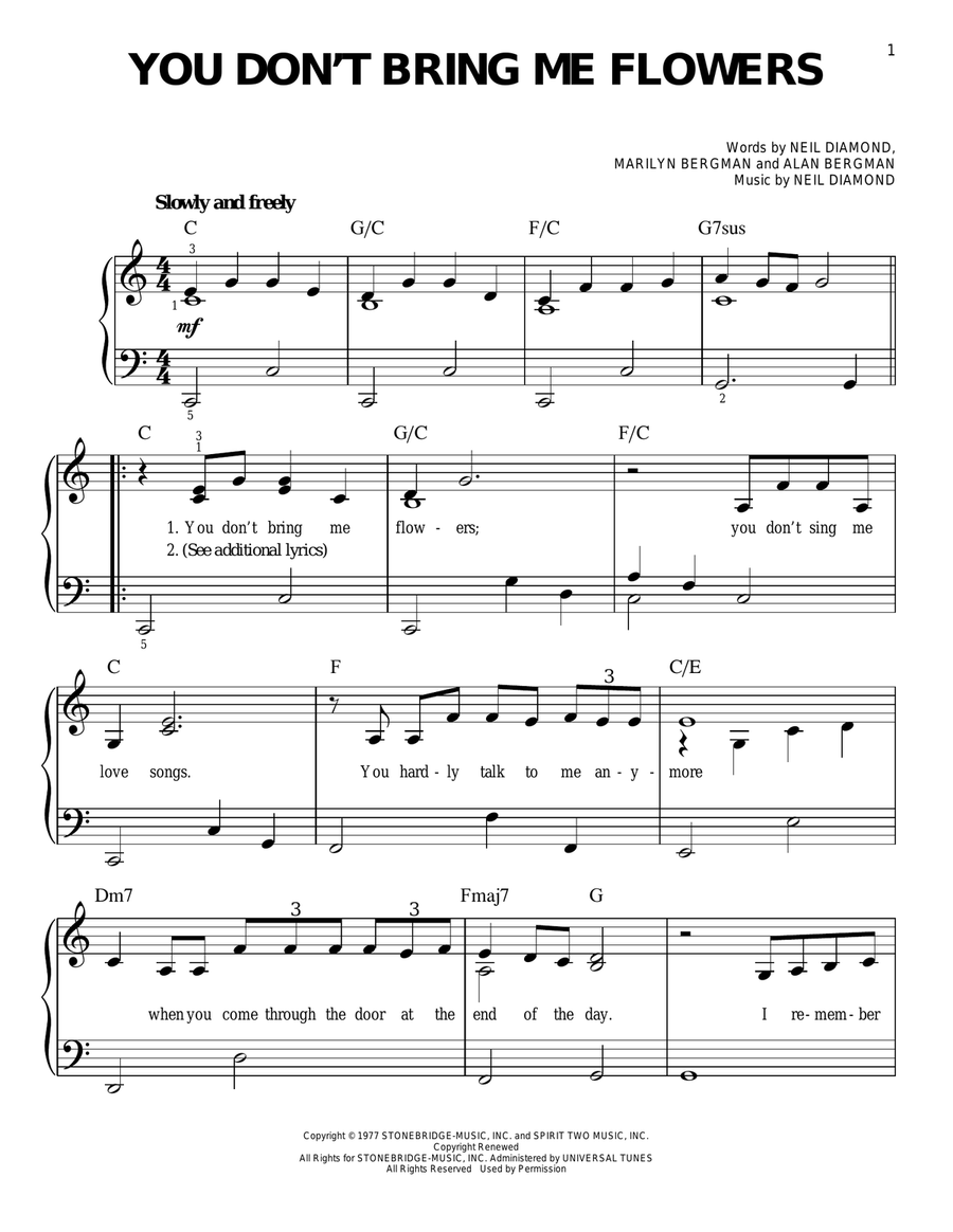 You Don't Bring Me Flowers Easy Piano scores gallery preview page 1