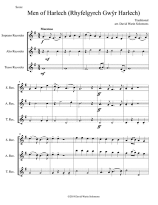 Men of Harlech (Rhyfelgyrch Gwŷr Harlech) for recorder trio (soprano, alto, tenor)