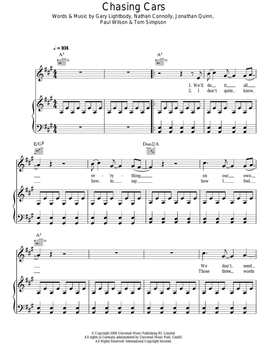 Chasing Cars Guitar scores gallery preview page 1