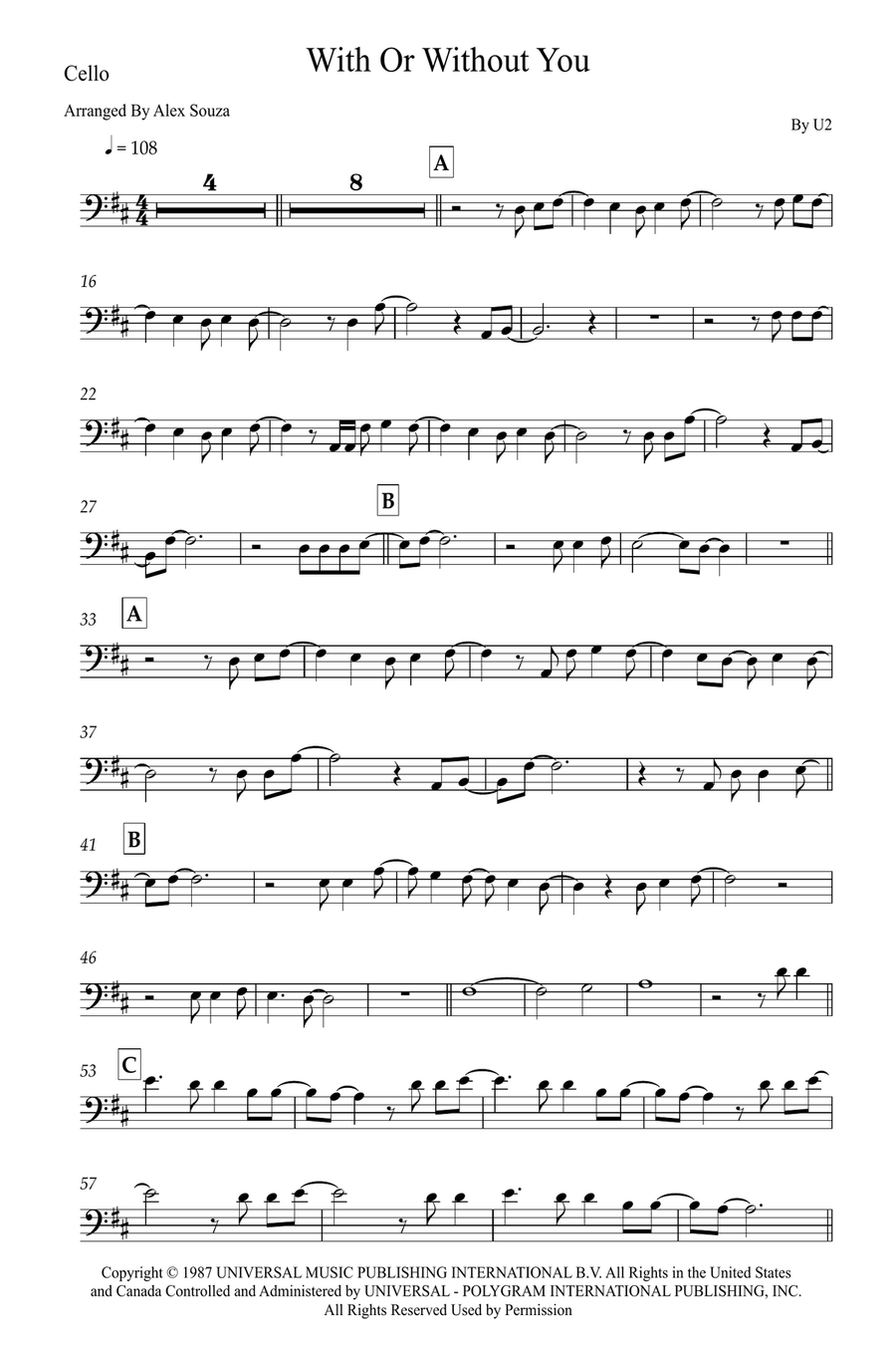 With Or Without You Cello Solo scores gallery preview page 1