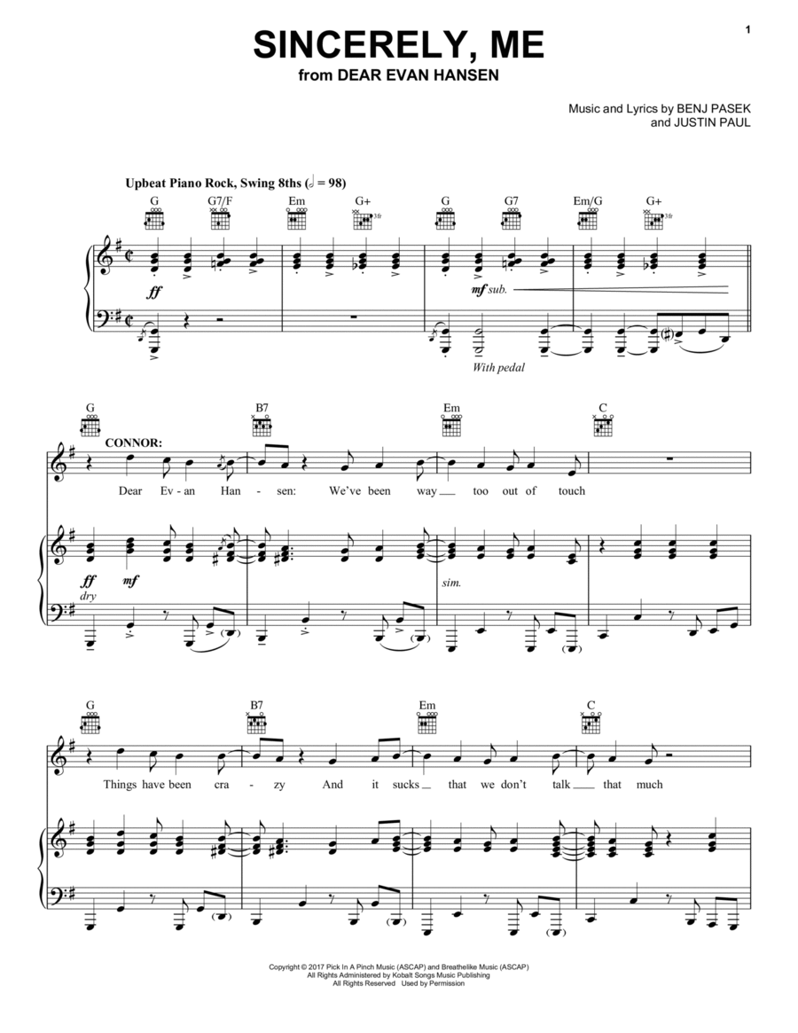 Sincerely, Me (from Dear Evan Hansen) Piano, Vocal, Guitar scores gallery preview page 1