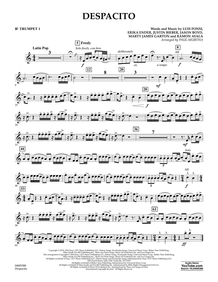 Despacito (arr. Paul Murtha) - Bb Trumpet 1 Concert Band scores gallery preview page 1