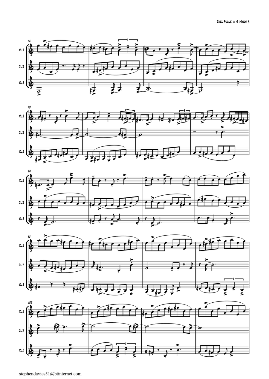 'Jazz Fugue in G Minor', based on the 'Fantasia & Fugue in G Minor' BWV542 by J.S.Bach for Clarinet Woodwind Trio scores gallery preview page 5