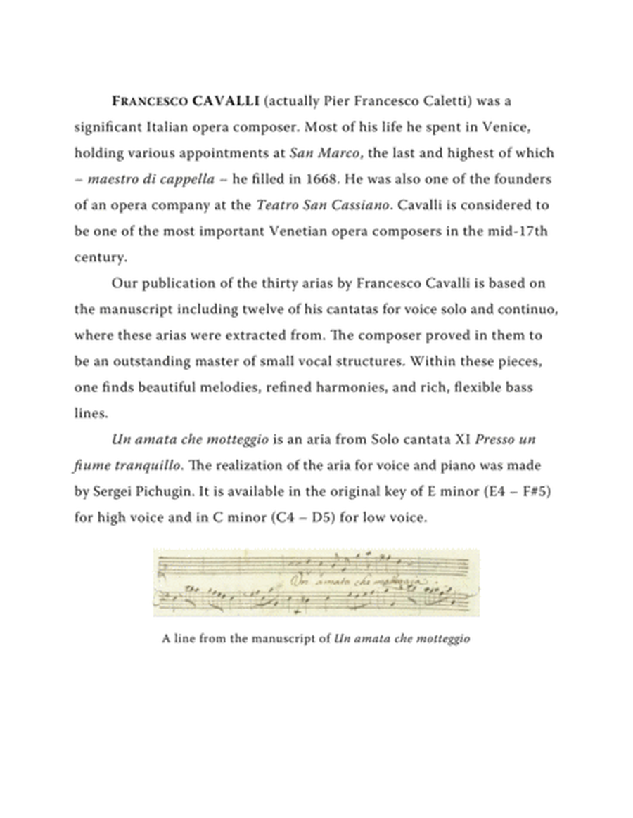 CAVALLI Francesco: Un amata che motteggio, aria from the cantata, arranged for Voice and Piano (C mi image number null