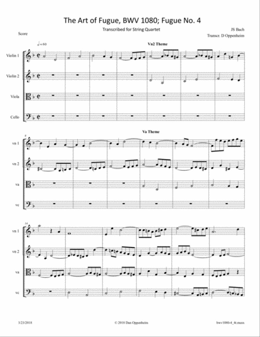 Bach: The Art of Fugue (BWV 1080), Fugue No. 4 Arranged for String Quartet Bach: The Art of Fugue (BWV 1080), Fugue No. 4 Arranged for String Quartet String Quartet scores gallery preview page 1
