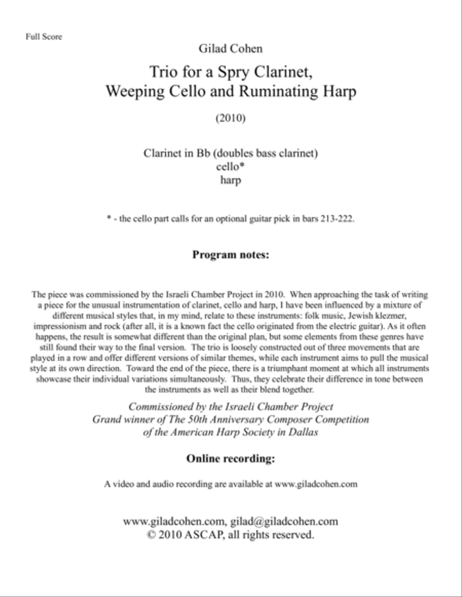 Trio for a Spry Clarinet, Weeping Cello and Ruminating Harp Small Ensemble scores gallery preview page 2