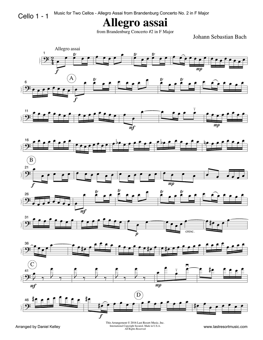 Allegro assai from Brandenburg Concerto #2 in F Major for Cello Duet (Music for Two Cellos) String Orchestra scores gallery preview page 3