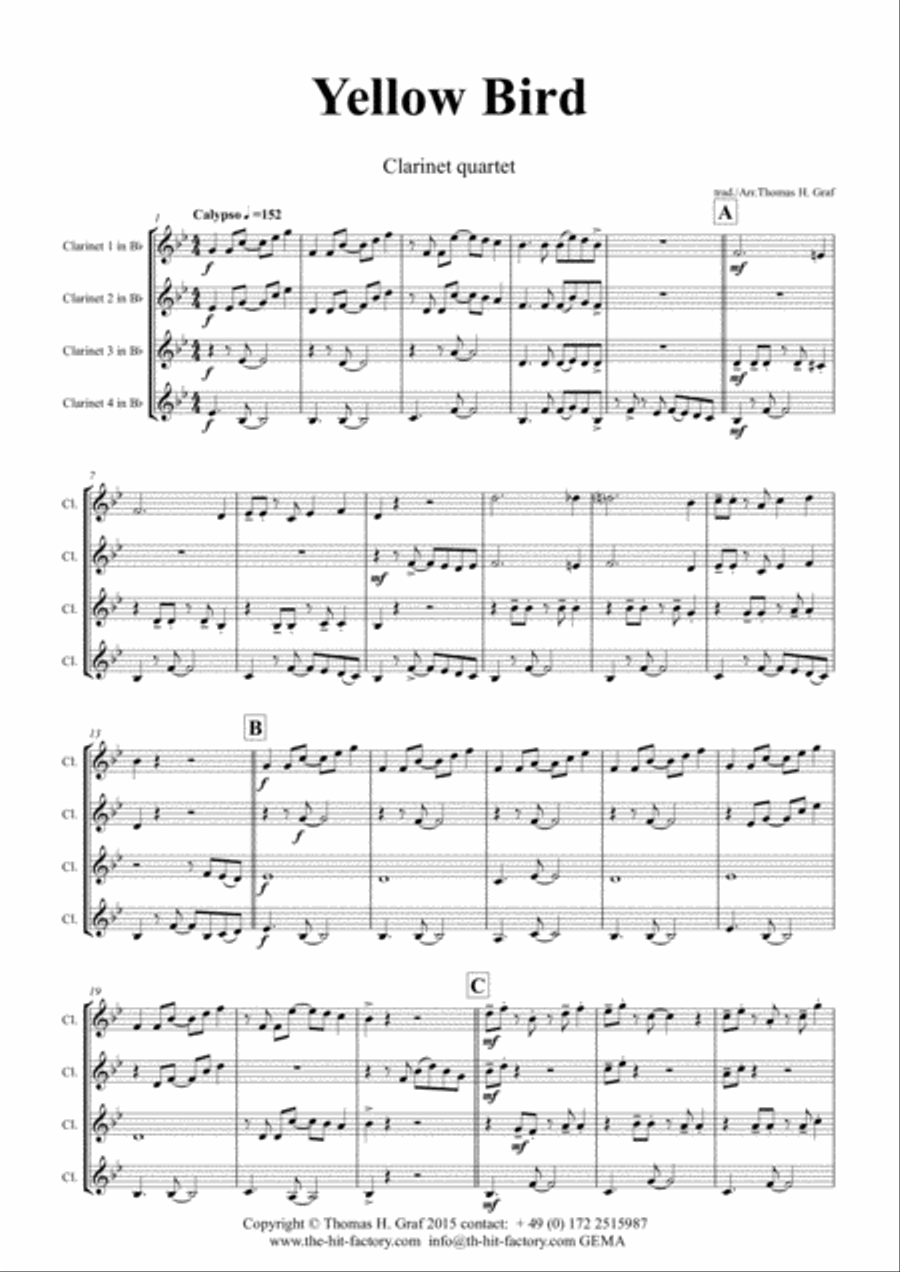 Yellow Bird - Haitian Folk Song - Calypso - Clarinet Quartet Clarinet Quartet scores gallery preview page 2