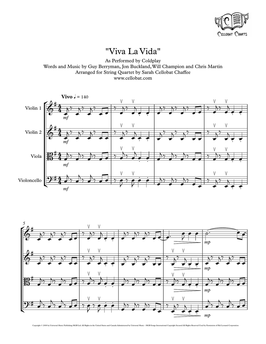 Viva La Vida by Coldplay String Quartet - Digital Sheet Music