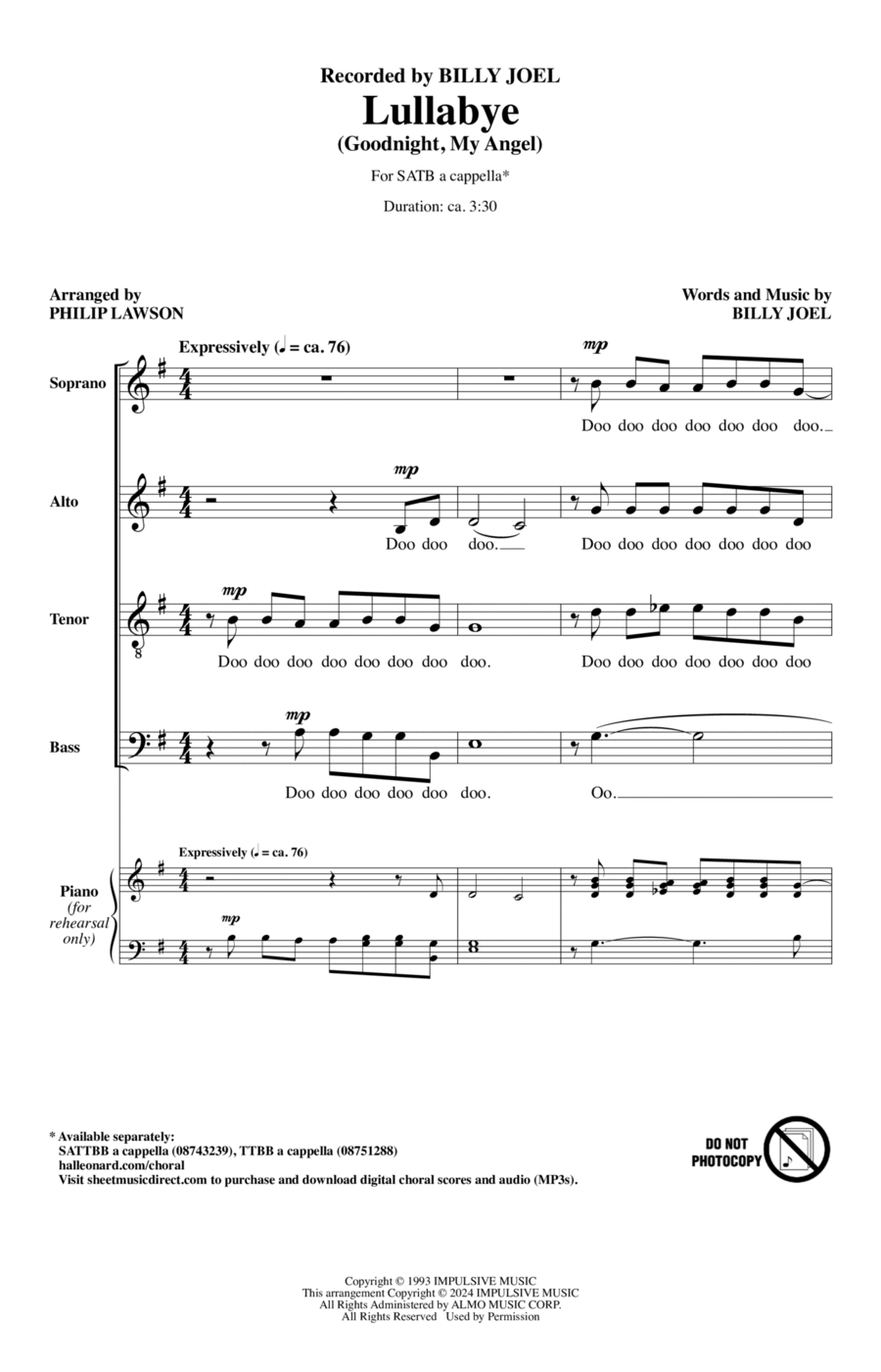 Lullabye (Goodnight, My Angel) (arr. Philip Lawson) 4-Part scores gallery preview page 1