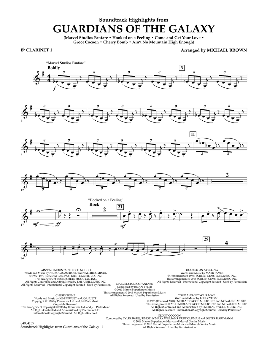 Soundtrack Highlights from Guardians of the Galaxy - Bb Clarinet 1 Concert Band scores gallery preview page 1