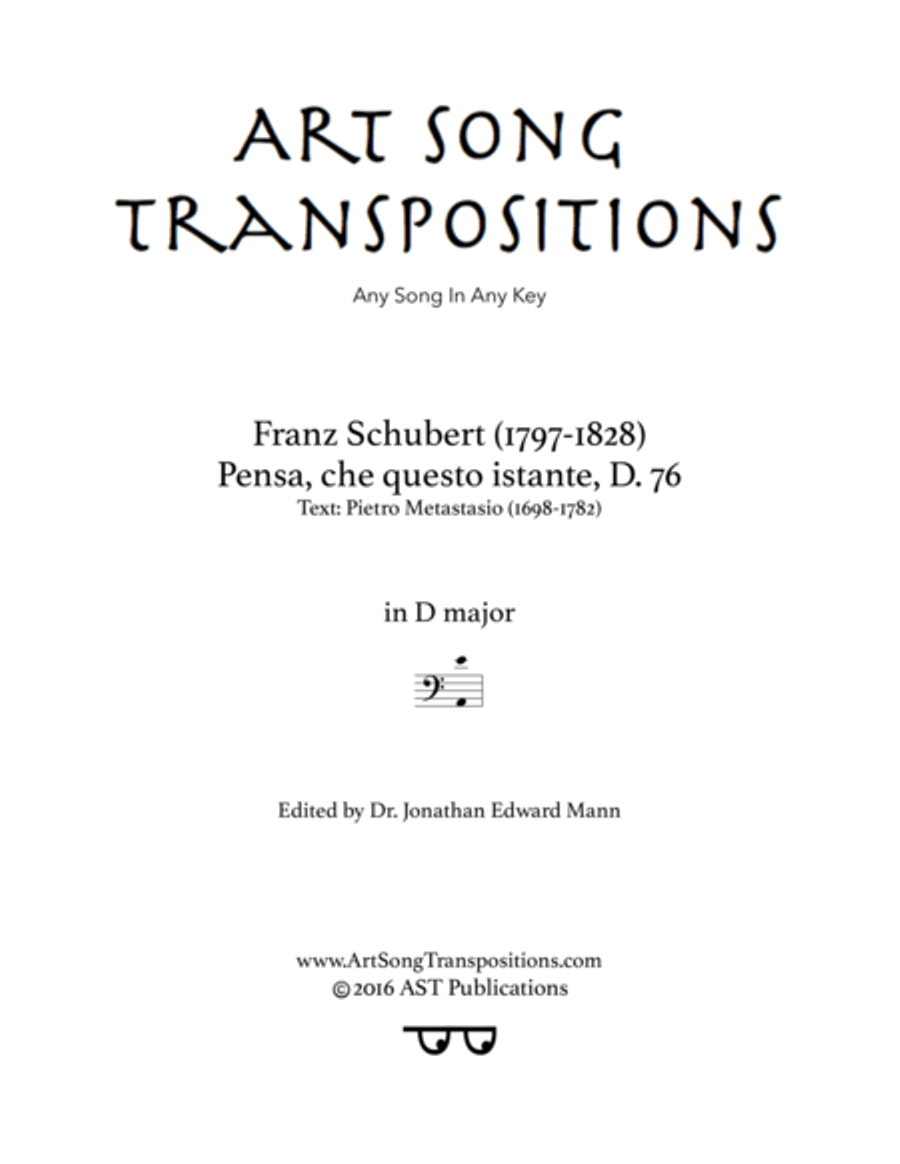 SCHUBERT: Pensa, che questo istante, D. 76 (transposed to D major, bass clef) Voice scores gallery preview page 1