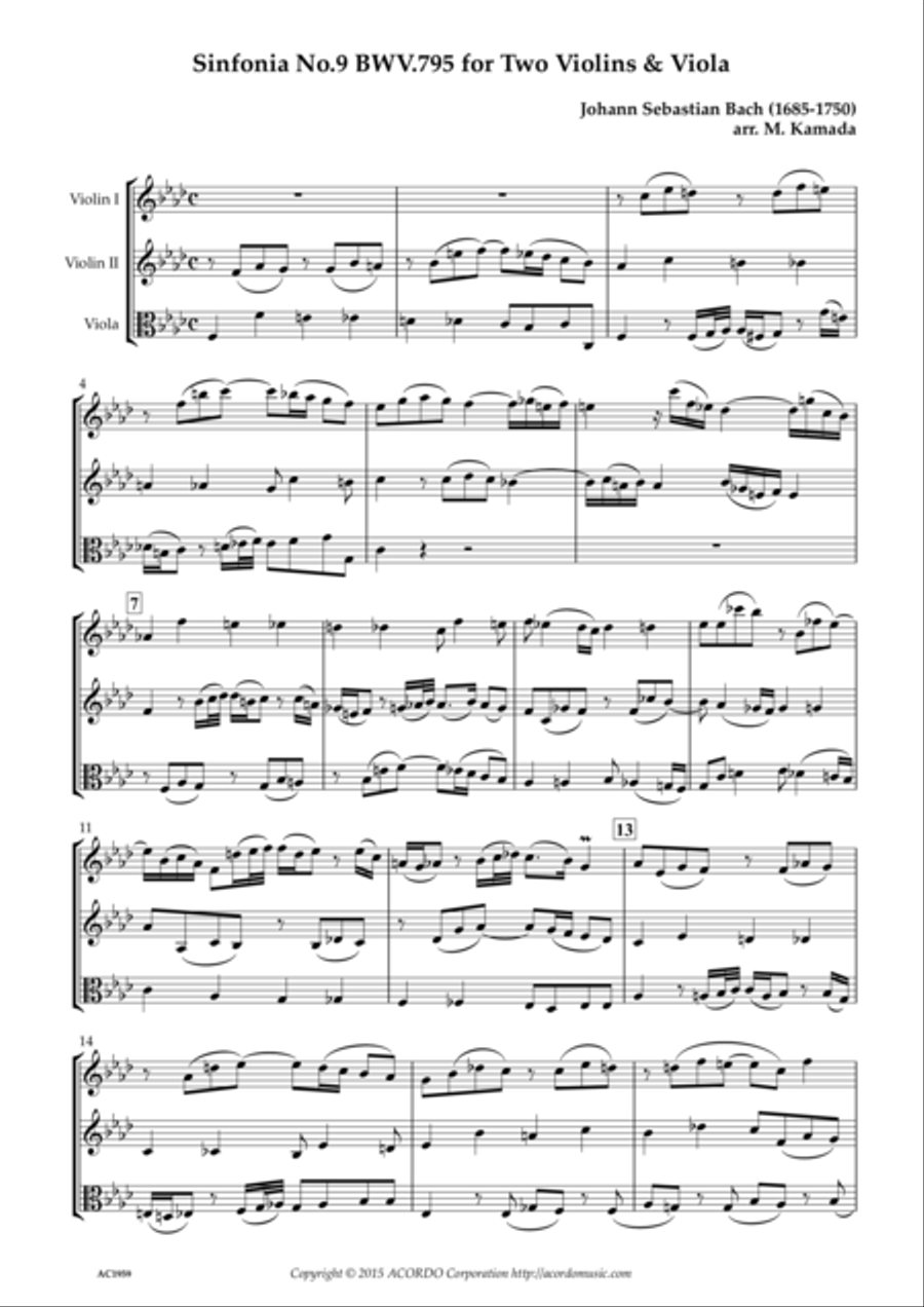 Sinfonia No.9 BWV.795 for Two Violins & Viola String Duet scores gallery preview page 1