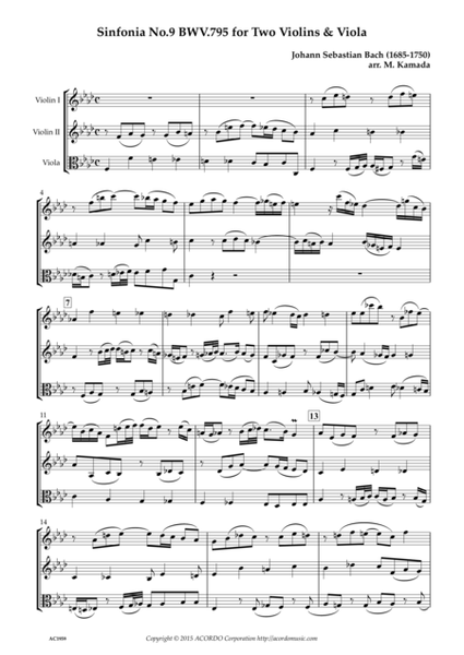 Sinfonia No.9 BWV.795 for Two Violins & Viola image number null