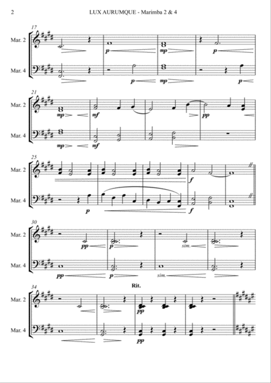 Lux Aurumque for Marimba Quartet (arr. Joby Burgess) - MARIMBA 2 & 4 Percussion Ensemble scores gallery preview page 2
