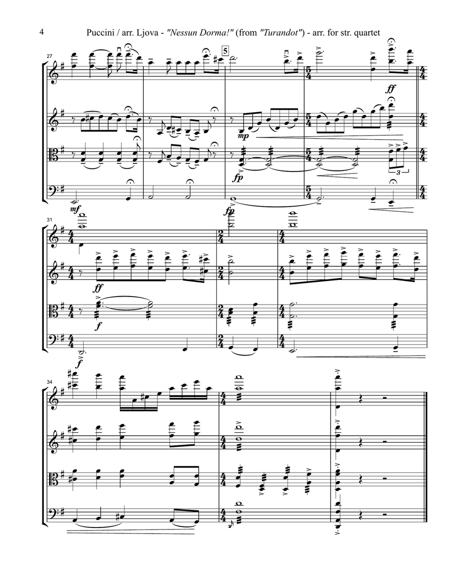 Nessun Dorma for string quartet (score and parts)