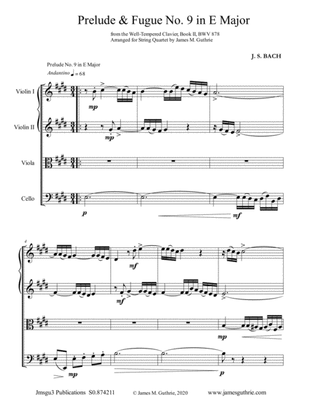 Book cover for BACH: Prelude & Fugue No. 9 in E Major, BWV 878 for String Quartet