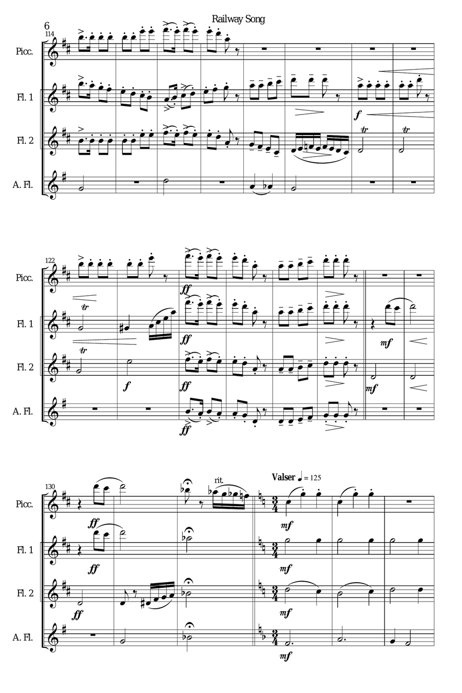 Railway Song (Auf de schwäb'sche Eisebahne) for piccolo, 2 flutes, alto flute Woodwind Quartet scores gallery preview page 6