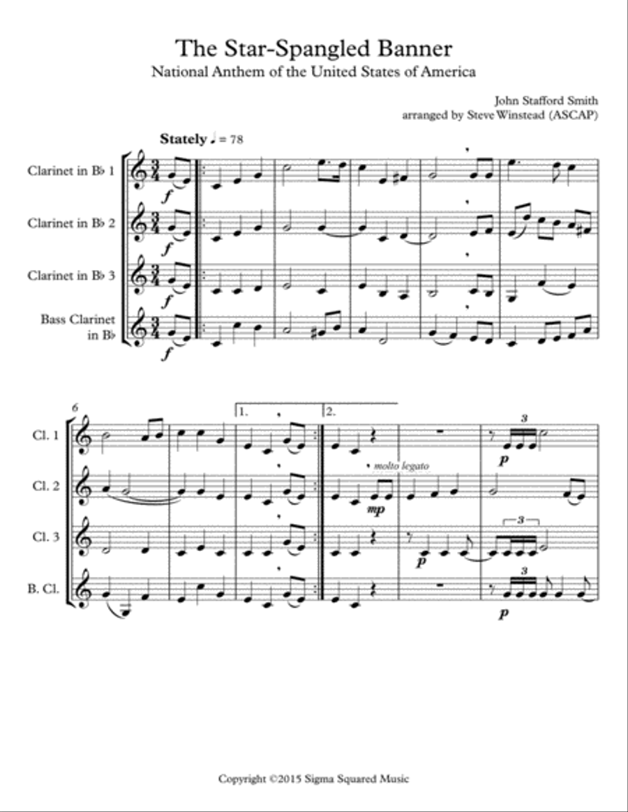The Star-Spangled Banner for Clarinet Quartet or Choir Choir scores gallery preview page 2