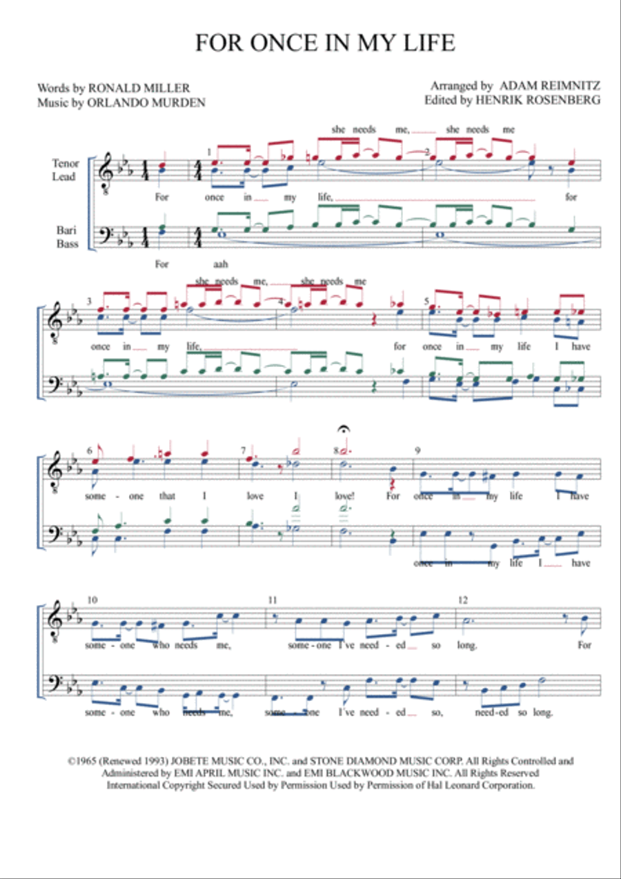 For Once In My Life TTBB scores gallery preview page 1