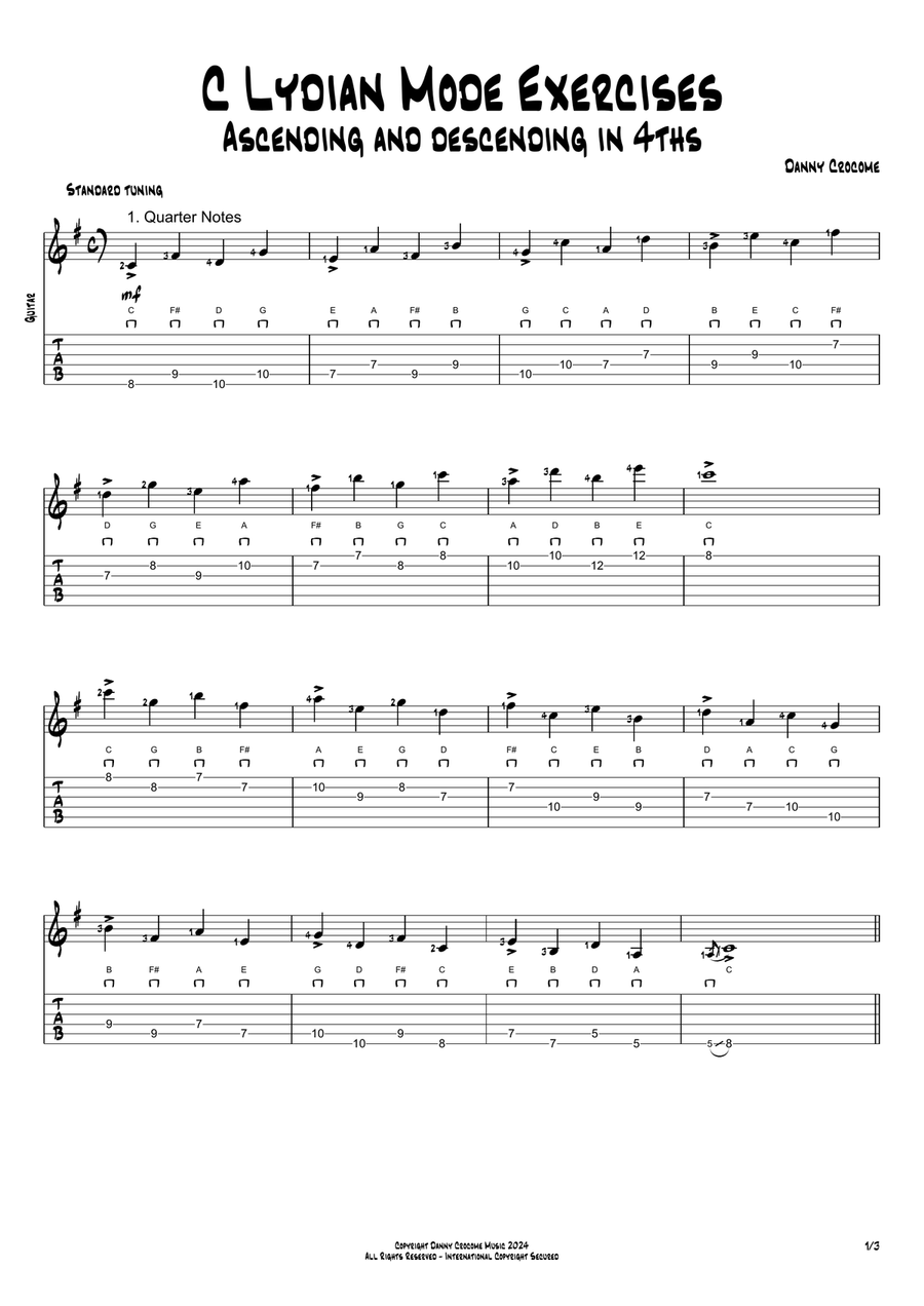 C Lydian Mode Exercises - Ascending and Descending in 4ths Acoustic Guitar scores gallery preview page 1