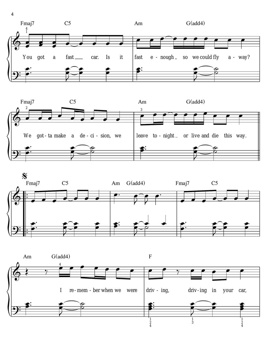 Fast Car Easy Piano scores gallery preview page 4