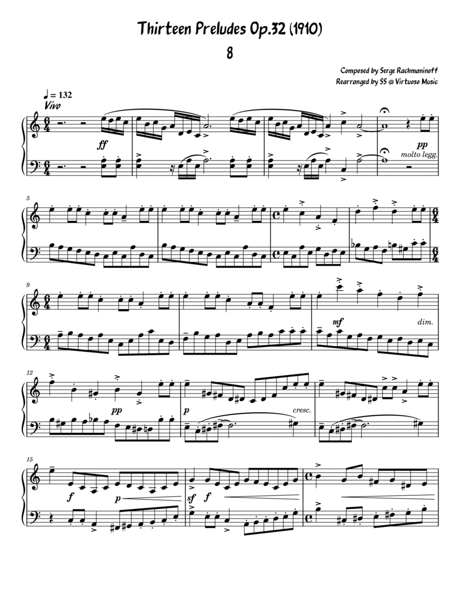 Serge Rachmaninoff 13 Prelude Op. 32 No. 8 (piano easy/intermediate arrrangment) Piano Method scores gallery preview page 1