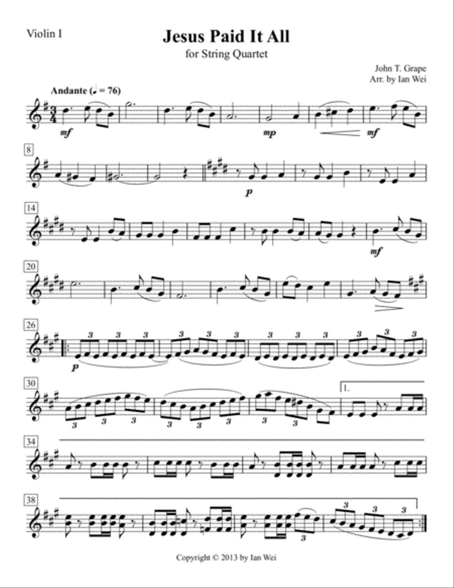 Jesus Paid It All for String Quartet String Quartet scores gallery preview page 1